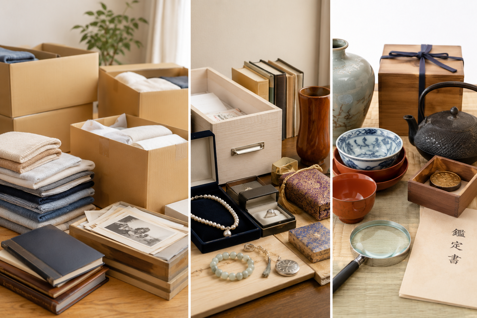 丁寧に整理された思い出の品々と、貴重品・遺品の査定の様子